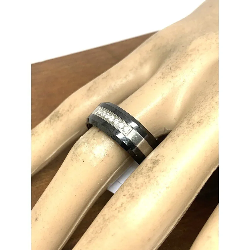 Wedding Band Stainless Steel Ceramic Cubic Zirconia 8mm Unisex Ring Size 9
